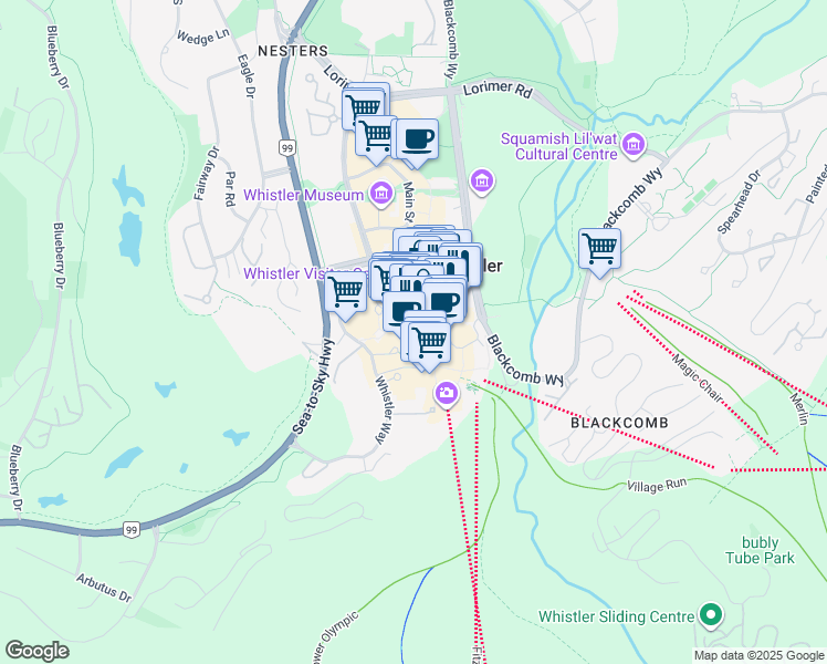map of restaurants, bars, coffee shops, grocery stores, and more near 4324 Sunrise Alley in Whistler
