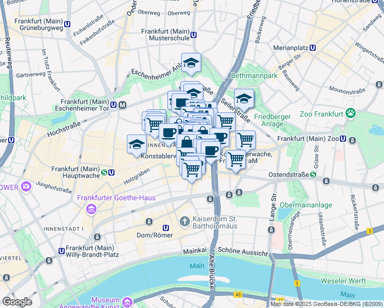 map of restaurants, bars, coffee shops, grocery stores, and more near 65 Zeil in Frankfurt