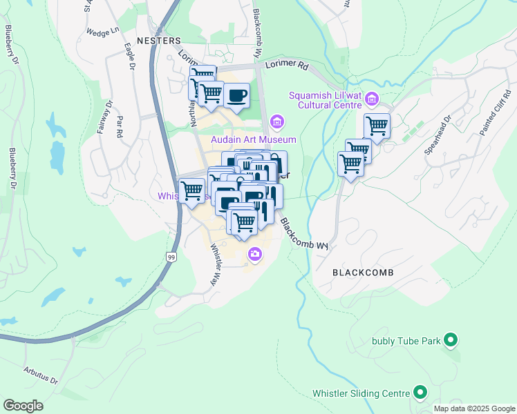 map of restaurants, bars, coffee shops, grocery stores, and more near 4429 Sundial Place in Whistler