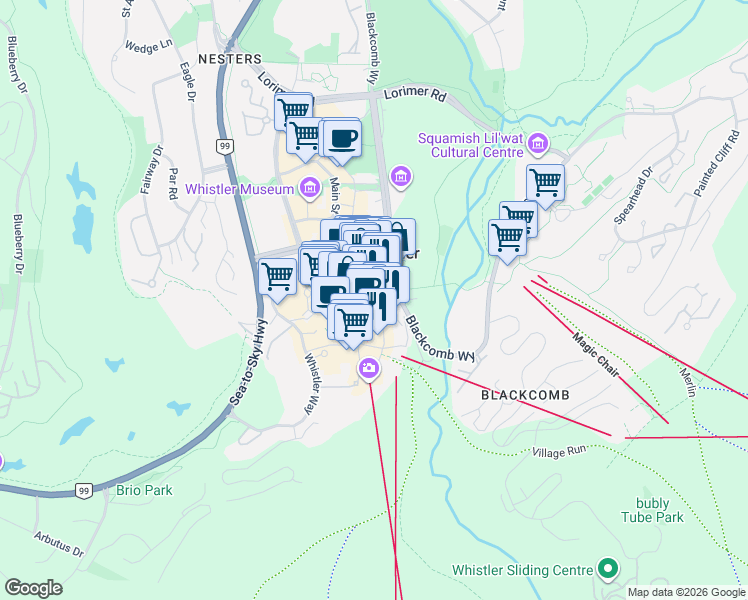 map of restaurants, bars, coffee shops, grocery stores, and more near 4429 Sundial Place in Whistler