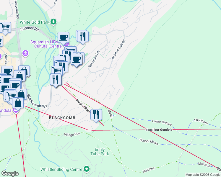 map of restaurants, bars, coffee shops, grocery stores, and more near 4894 Painted Cliff Road in Whistler