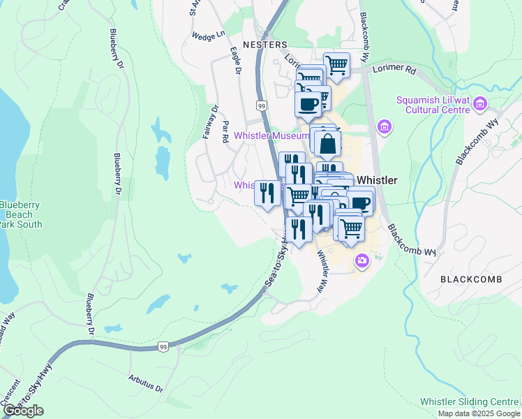 map of restaurants, bars, coffee shops, grocery stores, and more near 6127 Eagle Ridge Crescent in Whistler