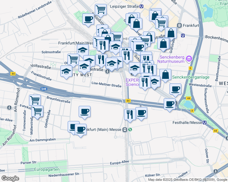 map of restaurants, bars, coffee shops, grocery stores, and more near 72 Theodor-Heuss-Allee in Frankfurt am Main
