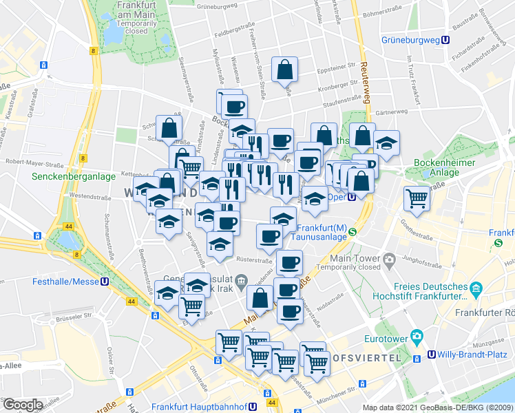 map of restaurants, bars, coffee shops, grocery stores, and more near 50 Guiollettstraße in Frankfurt