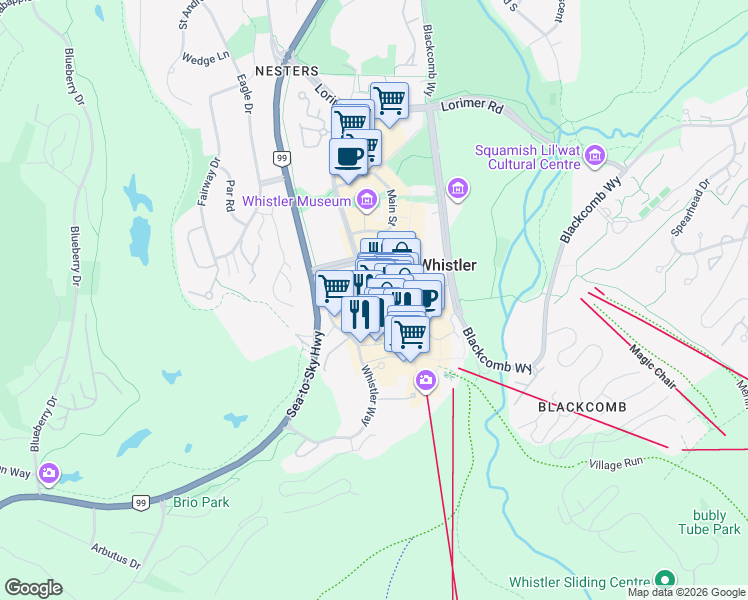 map of restaurants, bars, coffee shops, grocery stores, and more near 4201 Sunshine Place in Whistler