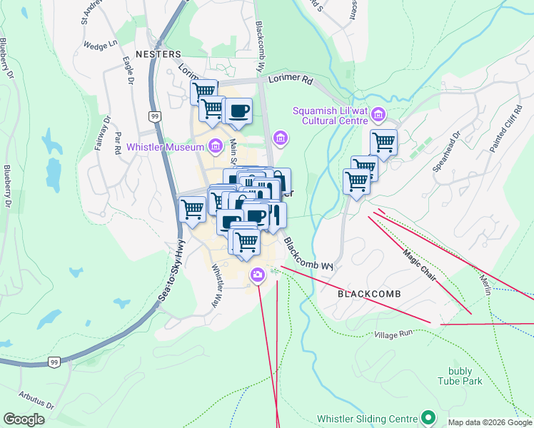map of restaurants, bars, coffee shops, grocery stores, and more near 4295 Blackcomb Way in Whistler