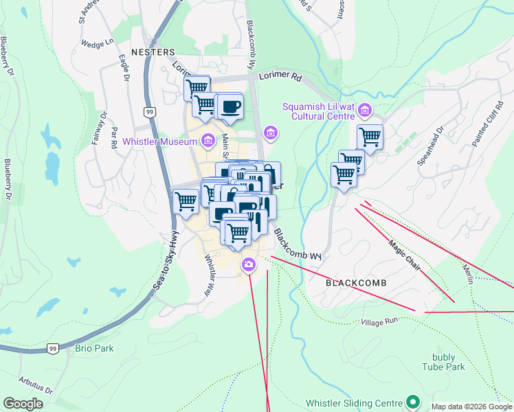 map of restaurants, bars, coffee shops, grocery stores, and more near 4295 Blackcomb Way in Whistler