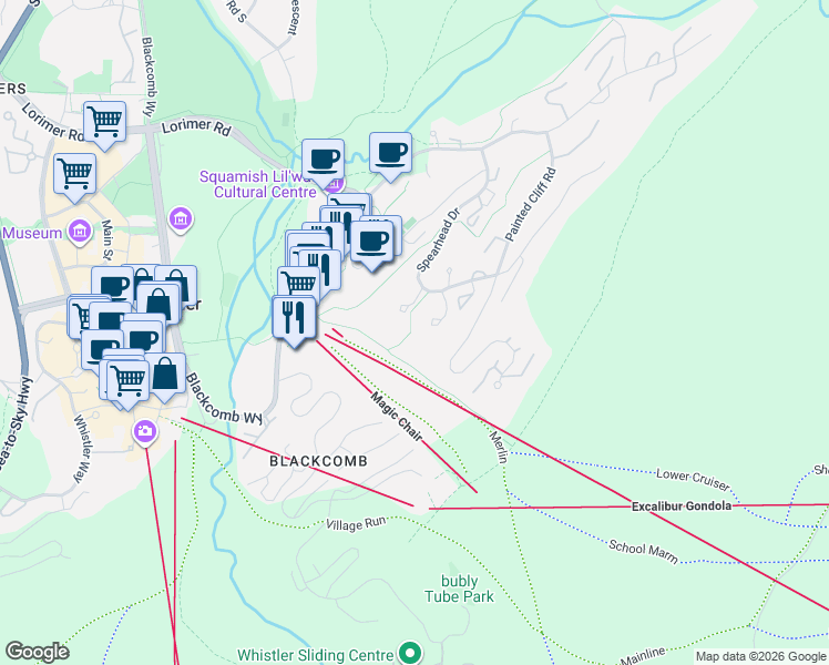 map of restaurants, bars, coffee shops, grocery stores, and more near 4910 Spearhead Place in Whistler