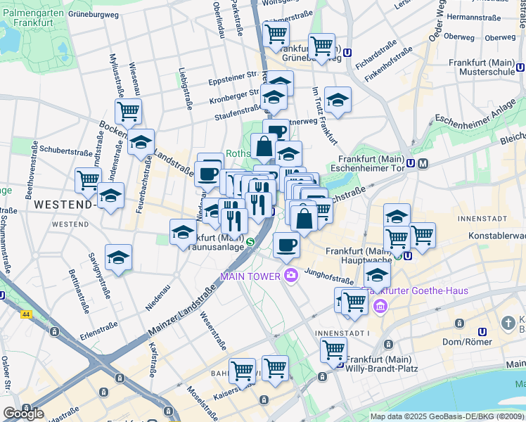 map of restaurants, bars, coffee shops, grocery stores, and more near 2 Bockenheimer Landstraße in Frankfurt