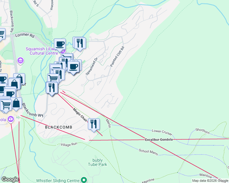 map of restaurants, bars, coffee shops, grocery stores, and more near 4890 Painted Cliff Road in Whistler