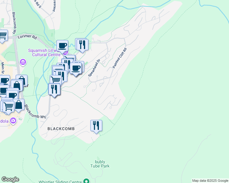 map of restaurants, bars, coffee shops, grocery stores, and more near 4890 Painted Cliff Road in Whistler