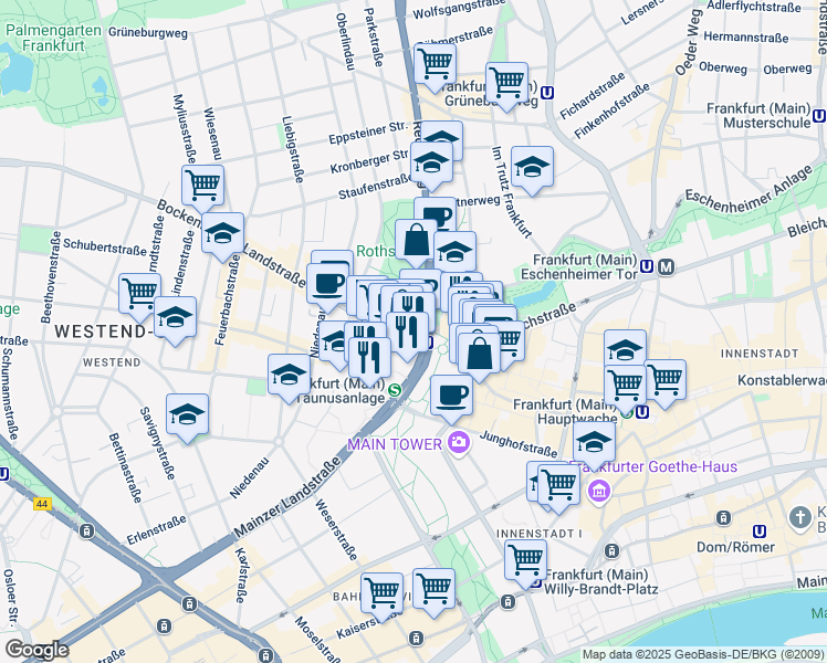 map of restaurants, bars, coffee shops, grocery stores, and more near 2 Bockenheimer Landstraße in Frankfurt