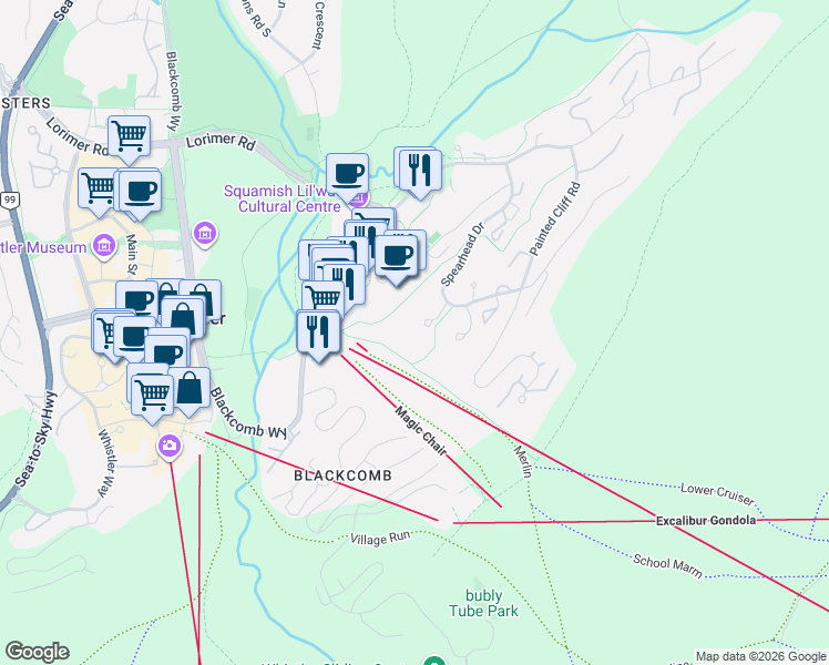 map of restaurants, bars, coffee shops, grocery stores, and more near 4800 Spearhead Drive in Whistler