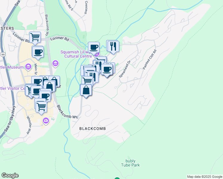 map of restaurants, bars, coffee shops, grocery stores, and more near 4800 Spearhead Drive in Whistler