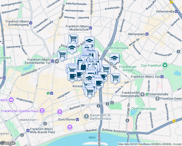 map of restaurants, bars, coffee shops, grocery stores, and more near Große Friedberger Straße in Frankfurt am Main