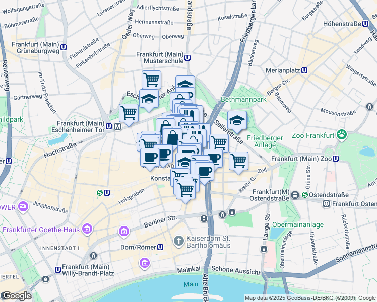 map of restaurants, bars, coffee shops, grocery stores, and more near Große Friedberger Straße in Frankfurt am Main