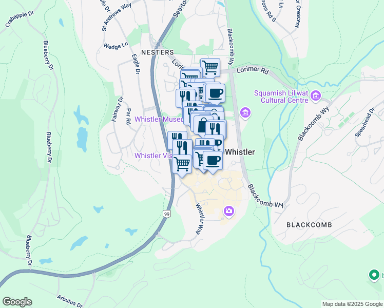 map of restaurants, bars, coffee shops, grocery stores, and more near in Whistler