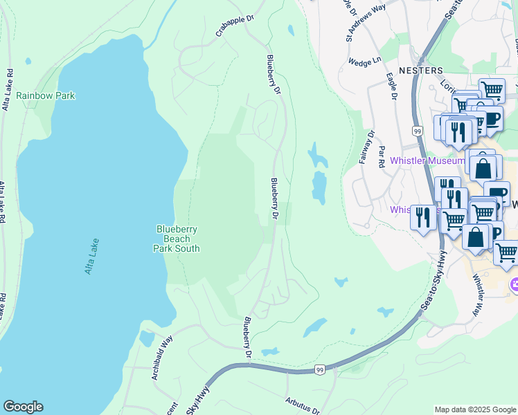 map of restaurants, bars, coffee shops, grocery stores, and more near 3354 Peak Drive in Whistler
