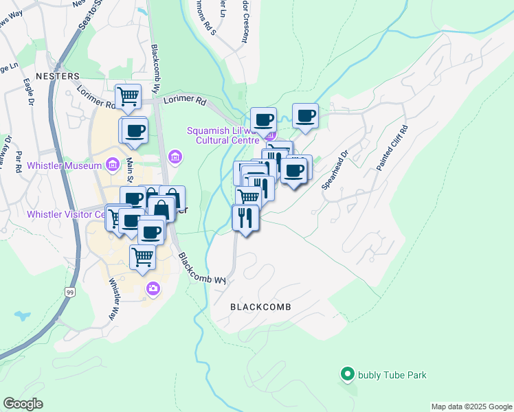 map of restaurants, bars, coffee shops, grocery stores, and more near Upper Village in Whistler