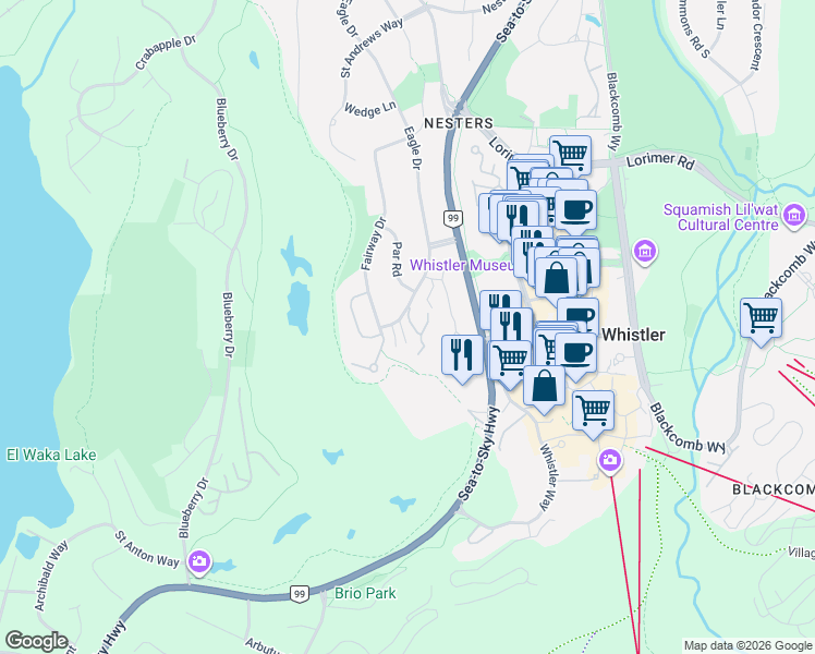 map of restaurants, bars, coffee shops, grocery stores, and more near 6117 Eagle Drive in Whistler