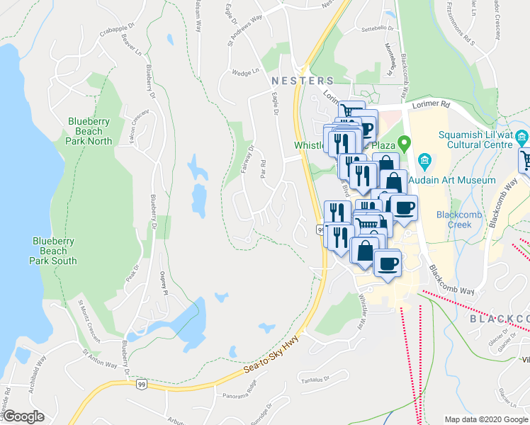 map of restaurants, bars, coffee shops, grocery stores, and more near 6105 Eagle Drive in Whistler