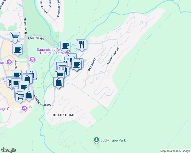map of restaurants, bars, coffee shops, grocery stores, and more near 4910 Spearhead Drive in Whistler