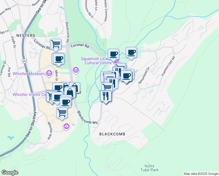 map of restaurants, bars, coffee shops, grocery stores, and more near 4557 Blackcomb Way in Whistler