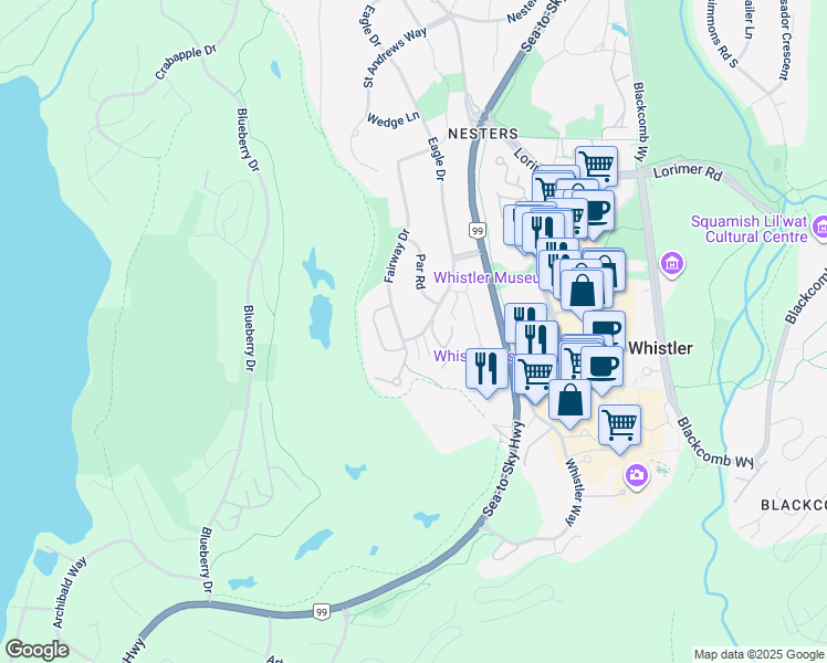 map of restaurants, bars, coffee shops, grocery stores, and more near 6105 Eagle Drive in Whistler
