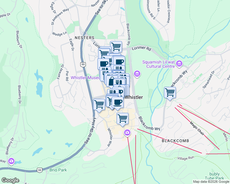 map of restaurants, bars, coffee shops, grocery stores, and more near 4308 Main Street in Whistler