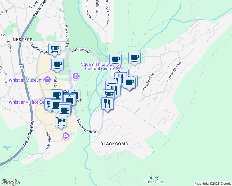 map of restaurants, bars, coffee shops, grocery stores, and more near 4573 Chateau Boulevard in Whistler