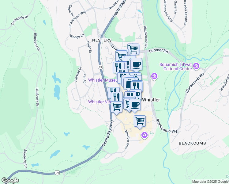 map of restaurants, bars, coffee shops, grocery stores, and more near 4315 Northlands Boulevard in Whistler