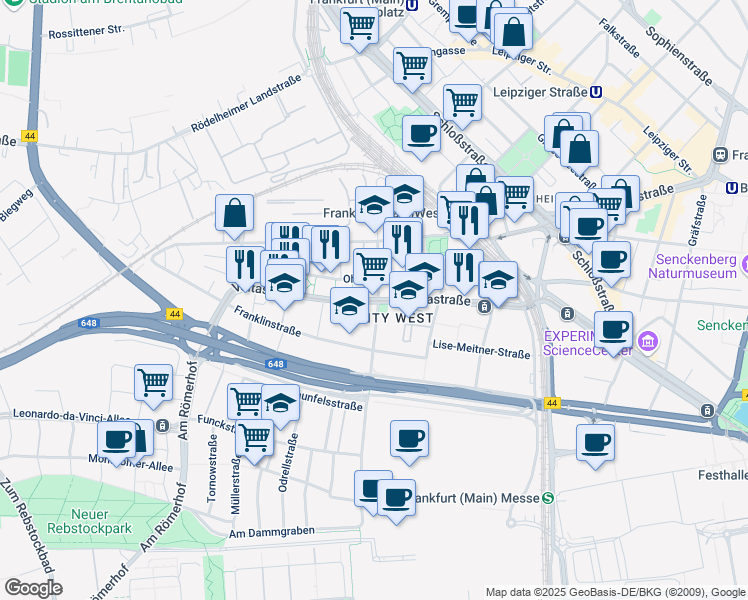 map of restaurants, bars, coffee shops, grocery stores, and more near 70 Voltastraße in Frankfurt