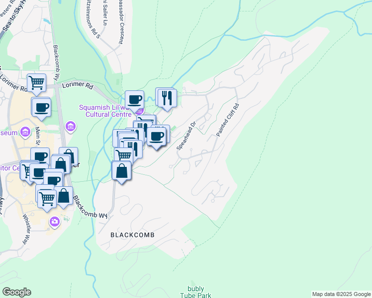 map of restaurants, bars, coffee shops, grocery stores, and more near 4809 Spearhead Drive in Whistler