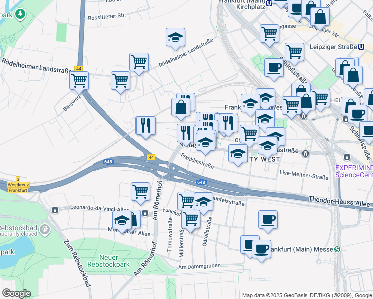 map of restaurants, bars, coffee shops, grocery stores, and more near 81 Voltastraße in Frankfurt
