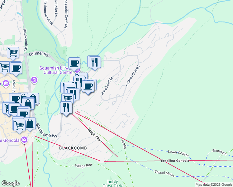 map of restaurants, bars, coffee shops, grocery stores, and more near 4821 Spearhead Drive in Whistler