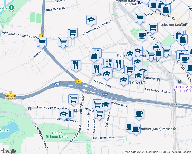 map of restaurants, bars, coffee shops, grocery stores, and more near 81 Voltastraße in Frankfurt