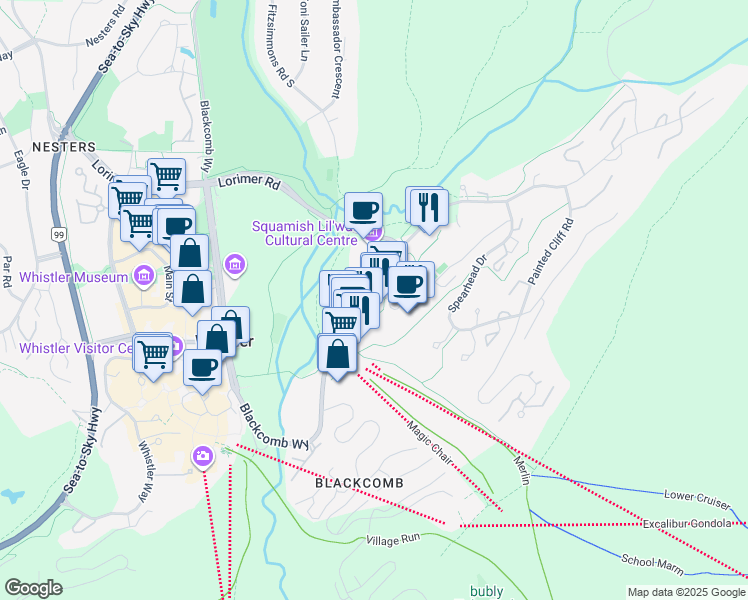 map of restaurants, bars, coffee shops, grocery stores, and more near 4573 Blackcomb Way in Whistler