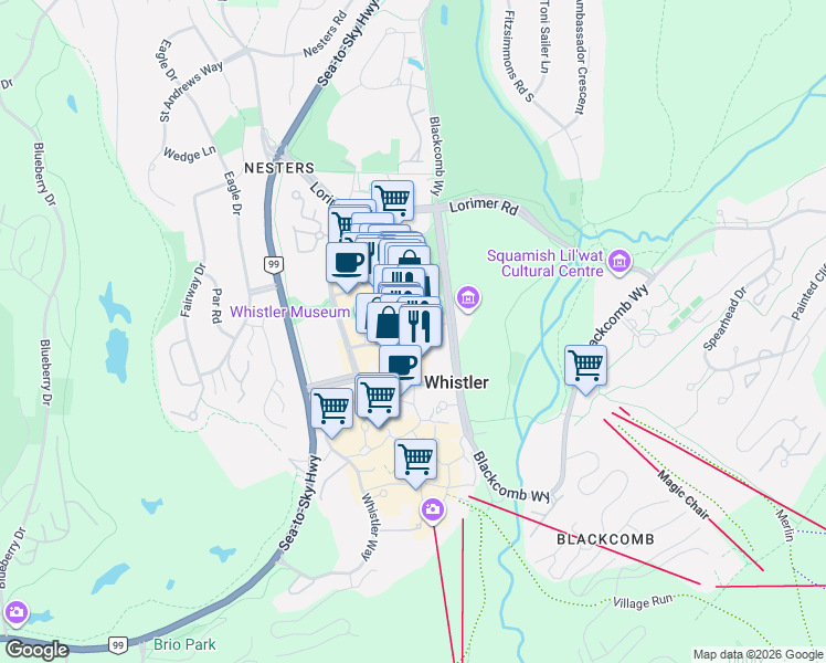 map of restaurants, bars, coffee shops, grocery stores, and more near 4314 Main Street in Whistler