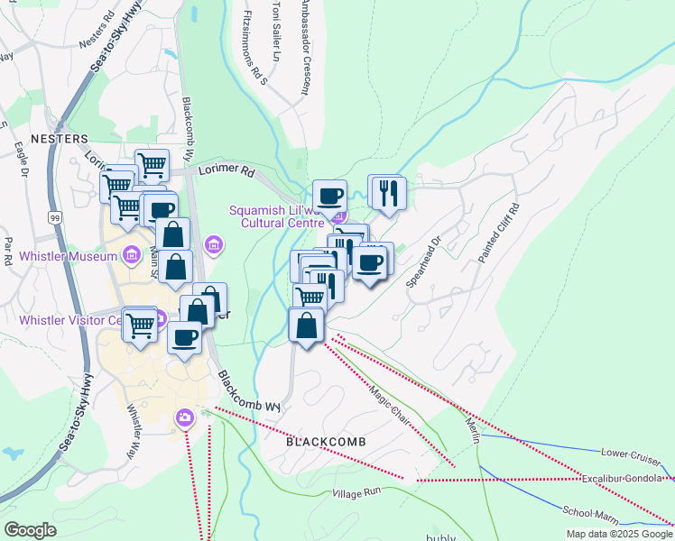map of restaurants, bars, coffee shops, grocery stores, and more near 4573 Blackcomb Way in Whistler