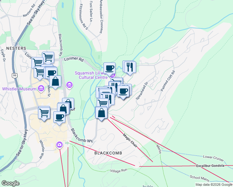 map of restaurants, bars, coffee shops, grocery stores, and more near Chateau Boulevard in Whistler