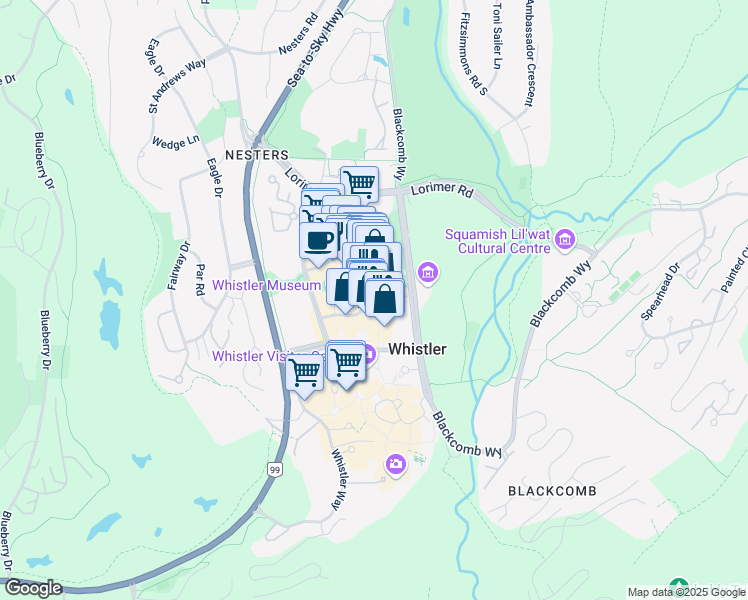 map of restaurants, bars, coffee shops, grocery stores, and more near 4314 Main Street in Whistler