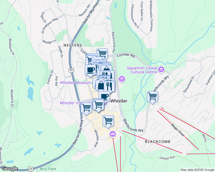 map of restaurants, bars, coffee shops, grocery stores, and more near 4314 Main Street in Whistler