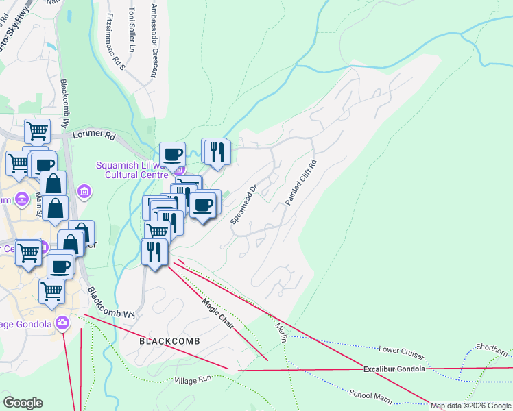 map of restaurants, bars, coffee shops, grocery stores, and more near 116-4749 Spearhead Drive in Whistler