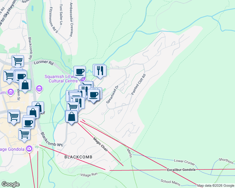 map of restaurants, bars, coffee shops, grocery stores, and more near 4749 Spearhead Drive in Whistler