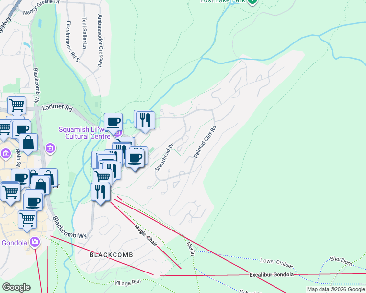 map of restaurants, bars, coffee shops, grocery stores, and more near 4737 Spearhead Drive in Whistler