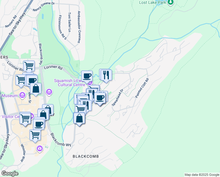 map of restaurants, bars, coffee shops, grocery stores, and more near 4591 Blackcomb Way in Whistler