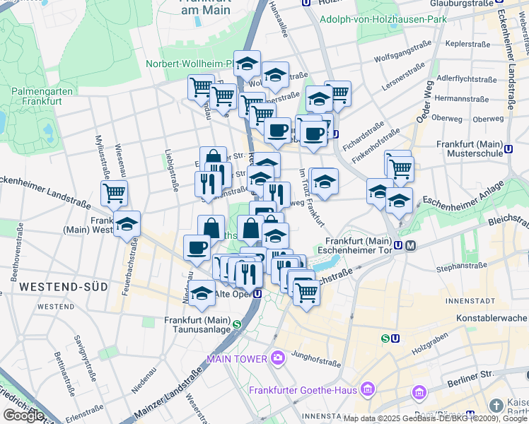 map of restaurants, bars, coffee shops, grocery stores, and more near 20 Reuterweg in Frankfurt am Main