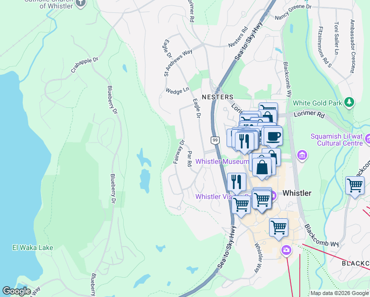 map of restaurants, bars, coffee shops, grocery stores, and more near 6282 Par Road in Whistler
