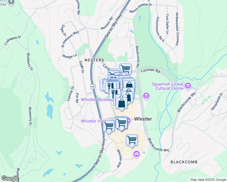 map of restaurants, bars, coffee shops, grocery stores, and more near in Whistler