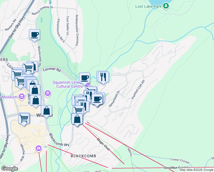 map of restaurants, bars, coffee shops, grocery stores, and more near 4591 Blackcomb Way in Whistler